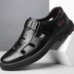 Men's Brown Faux Leather Breathable Fisherman Sandals – Velcro Strap, Casual Closed-Toe Design, Comfortable Summer Footwear for Outdoors and Daily Wear