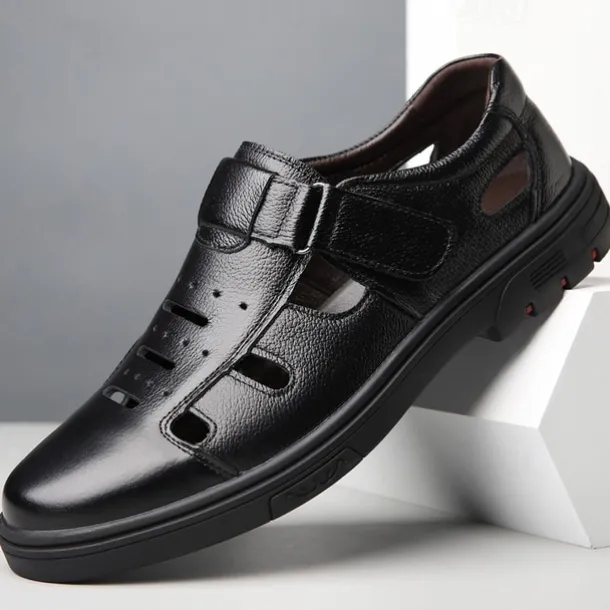 Men's Brown Faux Leather Breathable Fisherman Sandals – Velcro Strap, Casual Closed-Toe Design, Comfortable Summer Footwear for Outdoors and Daily Wear