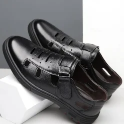 Men's Brown Faux Leather Breathable Fisherman Sandals – Velcro Strap, Casual Closed-Toe Design, Comfortable Summer Footwear for Outdoors and Daily Wear