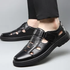 Men's Brown Faux Leather Breathable Fisherman Sandals – Velcro Strap, Casual Closed-Toe Design, Comfortable Summer Footwear for Outdoors and Daily Wear