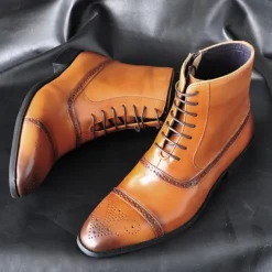 Men's Brown Faux Leather Brogue Ankle Boots – Vintage Lace-Up Design with Wingtip Detailing and Durable Sole for Formal and Casual Occasions