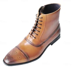 Men's Brown Faux Leather Brogue Ankle Boots – Vintage Lace-Up Design with Wingtip Detailing and Durable Sole for Formal and Casual Occasions