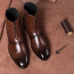 Men's Brown Faux Leather Brogue Ankle Boots – Vintage Lace-Up Design with Wingtip Detailing and Durable Sole for Formal and Casual Occasions