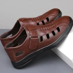 Men's Brown Faux Leather Breathable Sandals – Velcro Strap, Woven Closed-Toe Design, Comfortable Summer Footwear for Outdoor and Casual Wear