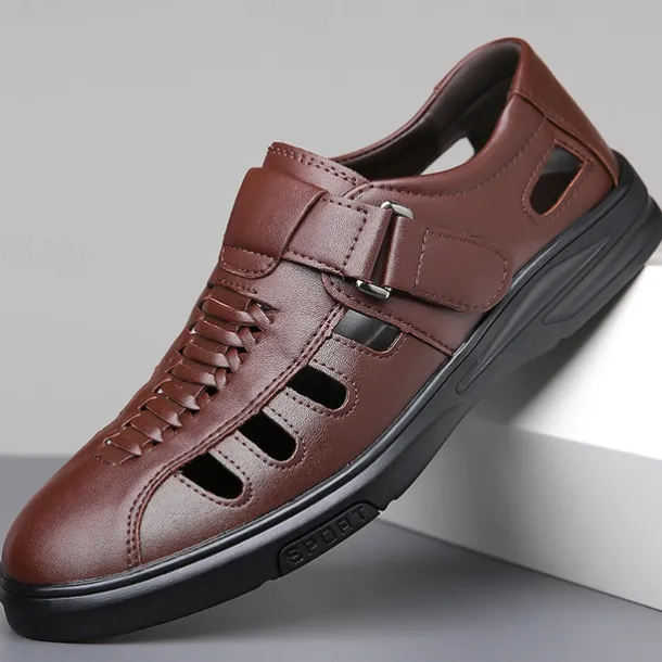 Men's Brown Faux Leather Breathable Sandals – Velcro Strap, Woven Closed-Toe Design, Comfortable Summer Footwear for Outdoor and Casual Wear