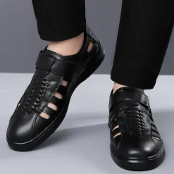 Men's Brown Faux Leather Breathable Sandals – Velcro Strap, Woven Closed-Toe Design, Comfortable Summer Footwear for Outdoor and Casual Wear