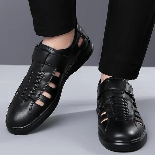 Men's Brown Faux Leather Breathable Sandals – Velcro Strap, Woven Closed-Toe Design, Comfortable Summer Footwear for Outdoor and Casual Wear