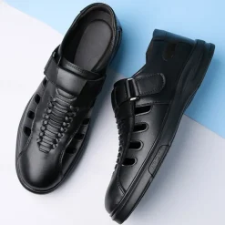 Men's Brown Faux Leather Breathable Sandals – Velcro Strap, Woven Closed-Toe Design, Comfortable Summer Footwear for Outdoor and Casual Wear