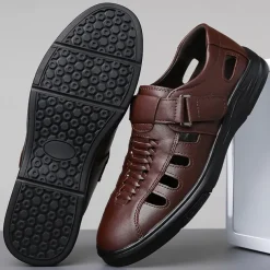 Men's Brown Faux Leather Breathable Sandals – Velcro Strap, Woven Closed-Toe Design, Comfortable Summer Footwear for Outdoor and Casual Wear