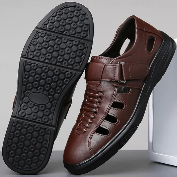 Men's Brown Faux Leather Breathable Sandals – Velcro Strap, Woven Closed-Toe Design, Comfortable Summer Footwear for Outdoor and Casual Wear