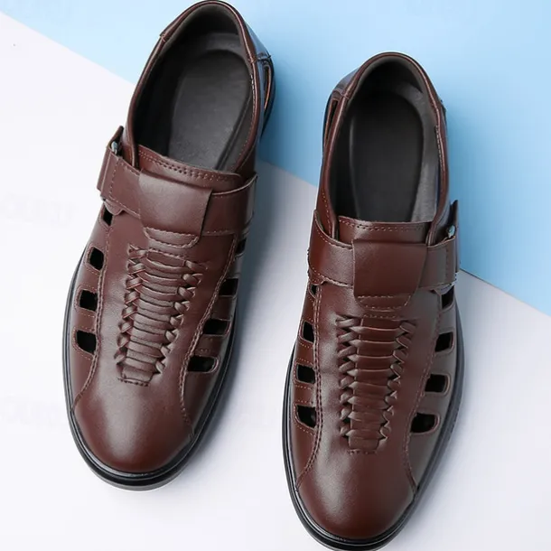 Men's Brown Faux Leather Breathable Sandals – Velcro Strap, Woven Closed-Toe Design, Comfortable Summer Footwear for Outdoor and Casual Wear