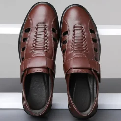 Men's Brown Faux Leather Breathable Sandals – Velcro Strap, Woven Closed-Toe Design, Comfortable Summer Footwear for Outdoor and Casual Wear