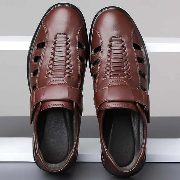 Men's Brown Faux Leather Breathable Sandals – Velcro Strap, Woven Closed-Toe Design, Comfortable Summer Footwear for Outdoor and Casual Wear