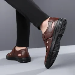 Men's Brown Faux Leather Breathable Sandals – Velcro Strap, Woven Closed-Toe Design, Comfortable Summer Footwear for Outdoor and Casual Wear