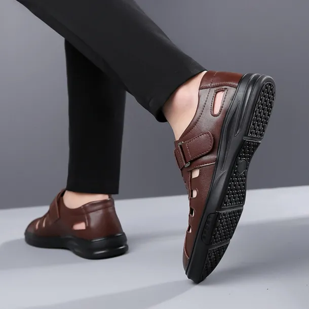 Men's Brown Faux Leather Breathable Sandals – Velcro Strap, Woven Closed-Toe Design, Comfortable Summer Footwear for Outdoor and Casual Wear