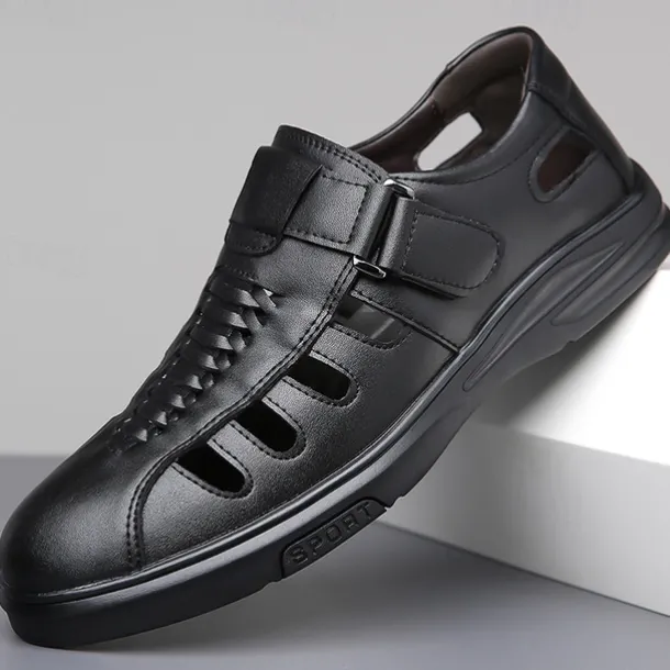 Men's Brown Faux Leather Breathable Sandals – Velcro Strap, Woven Closed-Toe Design, Comfortable Summer Footwear for Outdoor and Casual Wear