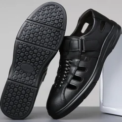 Men's Brown Faux Leather Breathable Sandals – Velcro Strap, Woven Closed-Toe Design, Comfortable Summer Footwear for Outdoor and Casual Wear