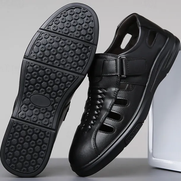 Men's Brown Faux Leather Breathable Sandals – Velcro Strap, Woven Closed-Toe Design, Comfortable Summer Footwear for Outdoor and Casual Wear