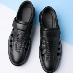 Men's Brown Faux Leather Breathable Sandals – Velcro Strap, Woven Closed-Toe Design, Comfortable Summer Footwear for Outdoor and Casual Wear