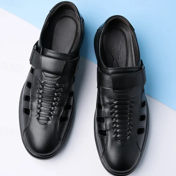 Men's Brown Faux Leather Breathable Sandals – Velcro Strap, Woven Closed-Toe Design, Comfortable Summer Footwear for Outdoor and Casual Wear