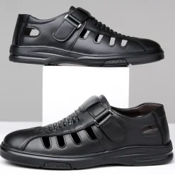 Men's Brown Faux Leather Breathable Sandals – Velcro Strap, Woven Closed-Toe Design, Comfortable Summer Footwear for Outdoor and Casual Wear