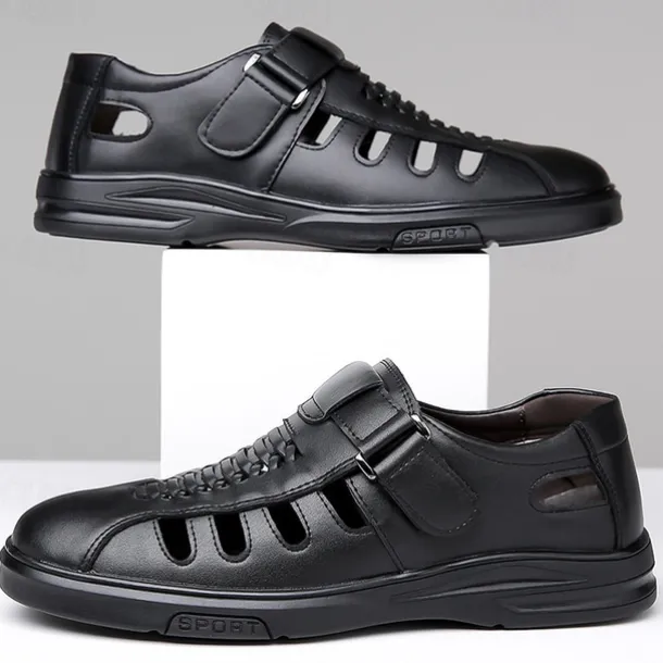 Men's Brown Faux Leather Breathable Sandals – Velcro Strap, Woven Closed-Toe Design, Comfortable Summer Footwear for Outdoor and Casual Wear