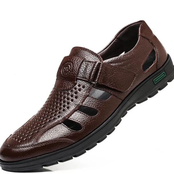Men's Brown Faux Leather Breathable Closed-Toe Sandals – Casual Slip-On Cutout Design Shoes for Summer Walking, Daily Wear, and Outdoor Activities