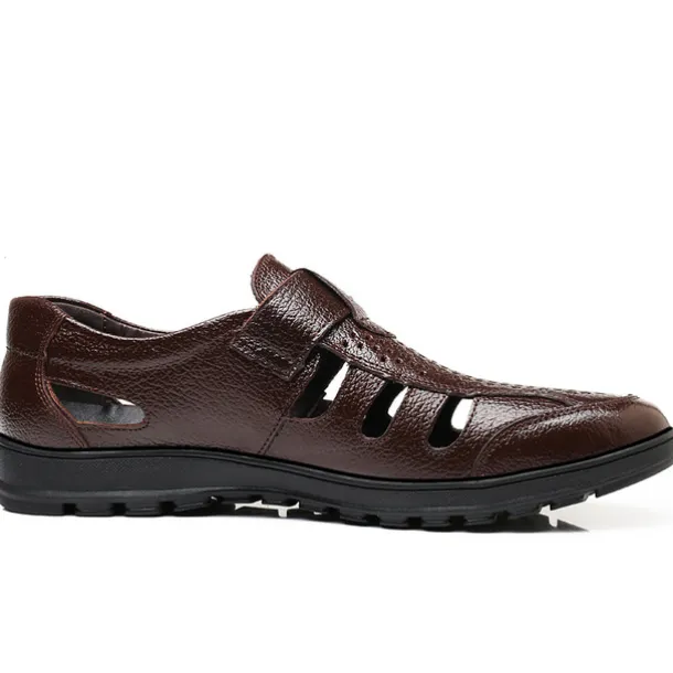 Men's Brown Faux Leather Breathable Closed-Toe Sandals – Casual Slip-On Cutout Design Shoes for Summer Walking, Daily Wear, and Outdoor Activities