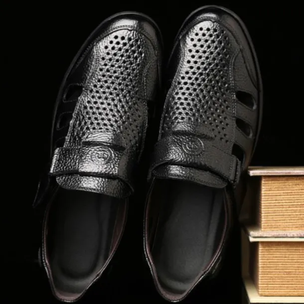 Men's Brown Faux Leather Breathable Closed-Toe Sandals – Casual Slip-On Cutout Design Shoes for Summer Walking, Daily Wear, and Outdoor Activities