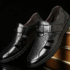 Men's Brown Faux Leather Breathable Closed-Toe Sandals – Casual Slip-On Cutout Design Shoes for Summer Walking, Daily Wear, and Outdoor Activities