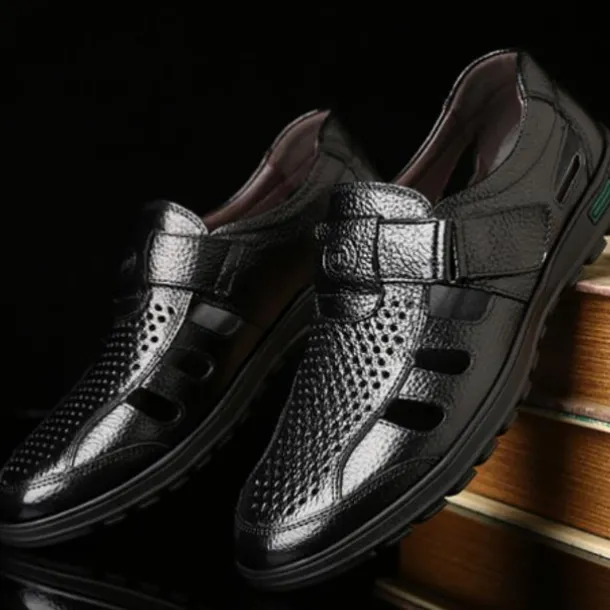 Men's Brown Faux Leather Breathable Closed-Toe Sandals – Casual Slip-On Cutout Design Shoes for Summer Walking, Daily Wear, and Outdoor Activities