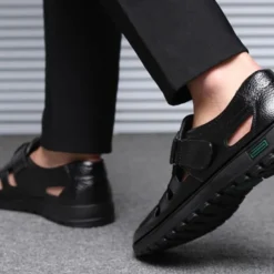 Men's Brown Faux Leather Breathable Closed-Toe Sandals – Casual Slip-On Cutout Design Shoes for Summer Walking, Daily Wear, and Outdoor Activities