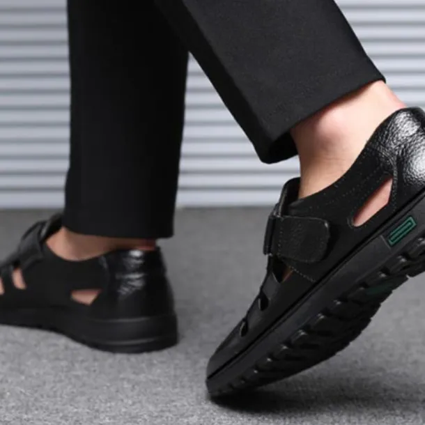 Men's Brown Faux Leather Breathable Closed-Toe Sandals – Casual Slip-On Cutout Design Shoes for Summer Walking, Daily Wear, and Outdoor Activities