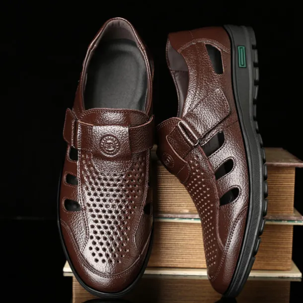 Men's Brown Faux Leather Breathable Closed-Toe Sandals – Casual Slip-On Cutout Design Shoes for Summer Walking, Daily Wear, and Outdoor Activities