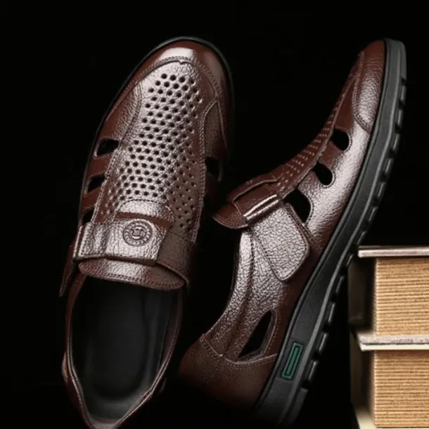 Men's Brown Faux Leather Breathable Closed-Toe Sandals – Casual Slip-On Cutout Design Shoes for Summer Walking, Daily Wear, and Outdoor Activities