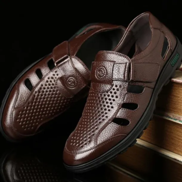 Men's Brown Faux Leather Breathable Closed-Toe Sandals – Casual Slip-On Cutout Design Shoes for Summer Walking, Daily Wear, and Outdoor Activities