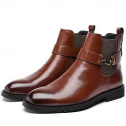 Men's Brown Faux Leather Chelsea Boots with Buckle Strap, Polished Finish, and Rugged Sole – Classic Casual & Formal Footwear
