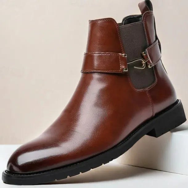 Men's Brown Faux Leather Chelsea Boots with Buckle Strap, Polished Finish, and Rugged Sole – Classic Casual & Formal Footwear