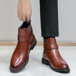 Men's Brown Faux Leather Chelsea Boots with Buckle Strap, Polished Finish, and Rugged Sole – Classic Casual & Formal Footwear