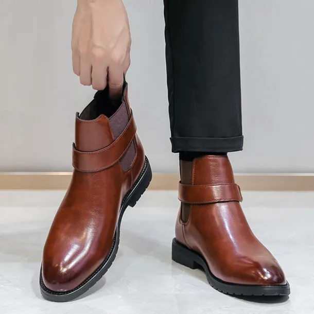 Men's Brown Faux Leather Chelsea Boots with Buckle Strap, Polished Finish, and Rugged Sole – Classic Casual & Formal Footwear