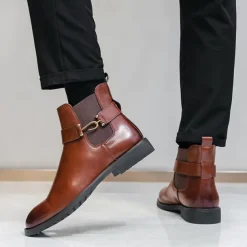 Men's Brown Faux Leather Chelsea Boots with Buckle Strap, Polished Finish, and Rugged Sole – Classic Casual & Formal Footwear