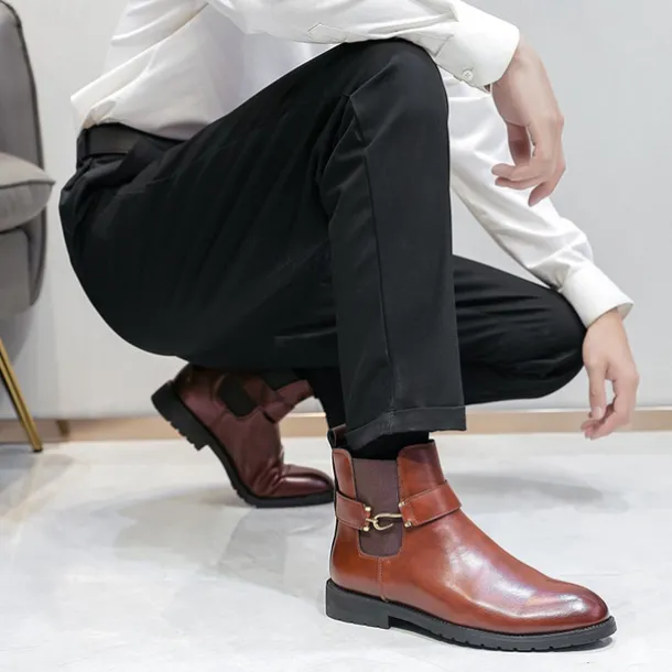 Men's Brown Faux Leather Chelsea Boots with Buckle Strap, Polished Finish, and Rugged Sole – Classic Casual & Formal Footwear