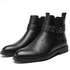 Men's Brown Faux Leather Chelsea Boots with Buckle Strap, Polished Finish, and Rugged Sole – Classic Casual & Formal Footwear