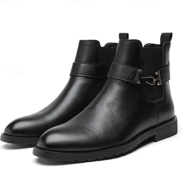 Men's Brown Faux Leather Chelsea Boots with Buckle Strap, Polished Finish, and Rugged Sole – Classic Casual & Formal Footwear