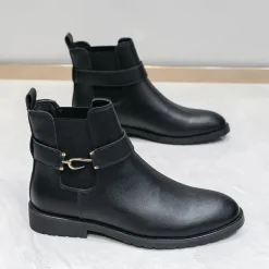 Men's Brown Faux Leather Chelsea Boots with Buckle Strap, Polished Finish, and Rugged Sole – Classic Casual & Formal Footwear