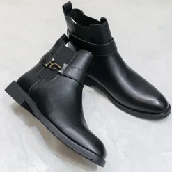 Men's Brown Faux Leather Chelsea Boots with Buckle Strap, Polished Finish, and Rugged Sole – Classic Casual & Formal Footwear