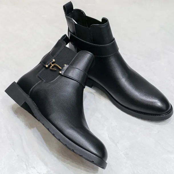 Men's Brown Faux Leather Chelsea Boots with Buckle Strap, Polished Finish, and Rugged Sole – Classic Casual & Formal Footwear