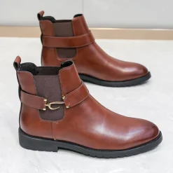 Men's Brown Faux Leather Chelsea Boots with Buckle Strap, Polished Finish, and Rugged Sole – Classic Casual & Formal Footwear