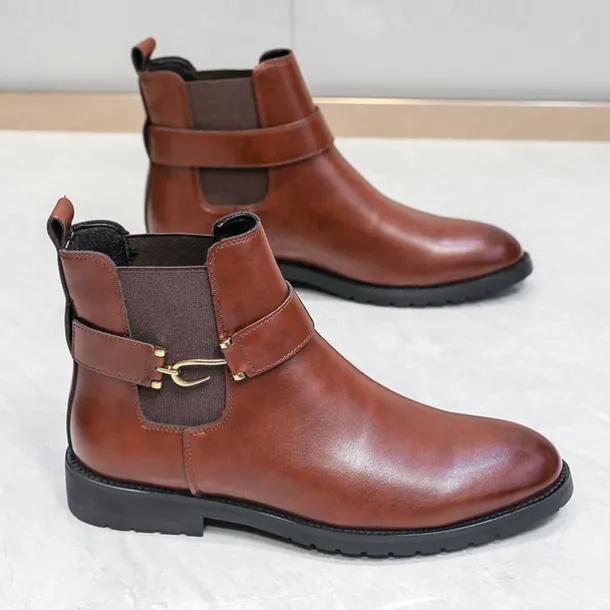 Men's Brown Faux Leather Chelsea Boots with Buckle Strap, Polished Finish, and Rugged Sole – Classic Casual & Formal Footwear