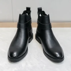 Men's Brown Faux Leather Chelsea Boots with Buckle Strap, Polished Finish, and Rugged Sole – Classic Casual & Formal Footwear